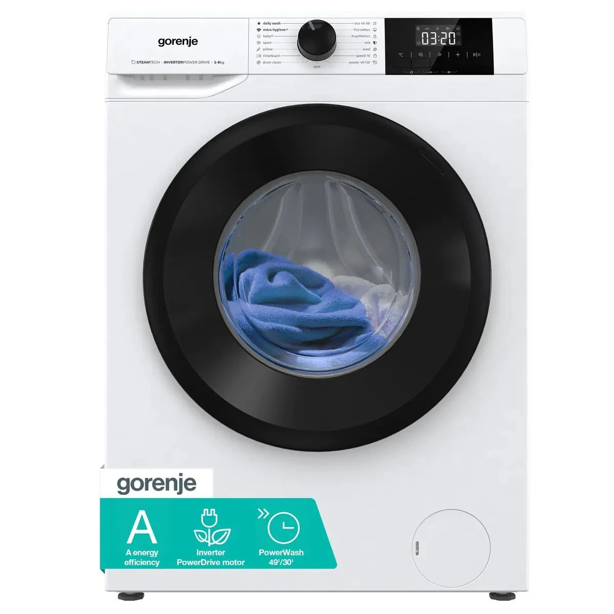 Пральна машина Gorenje фронтальна, 6кг, 1000, A++, 42см, чорний люк, дисплей, пар, інвертор, білий