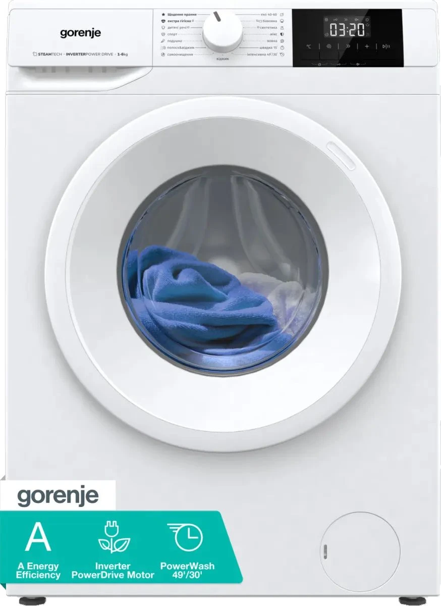 Пральна машина Gorenje фронтальна, 6кг, 1000, A++, 42см, дисплей, пар, інвертор, білий