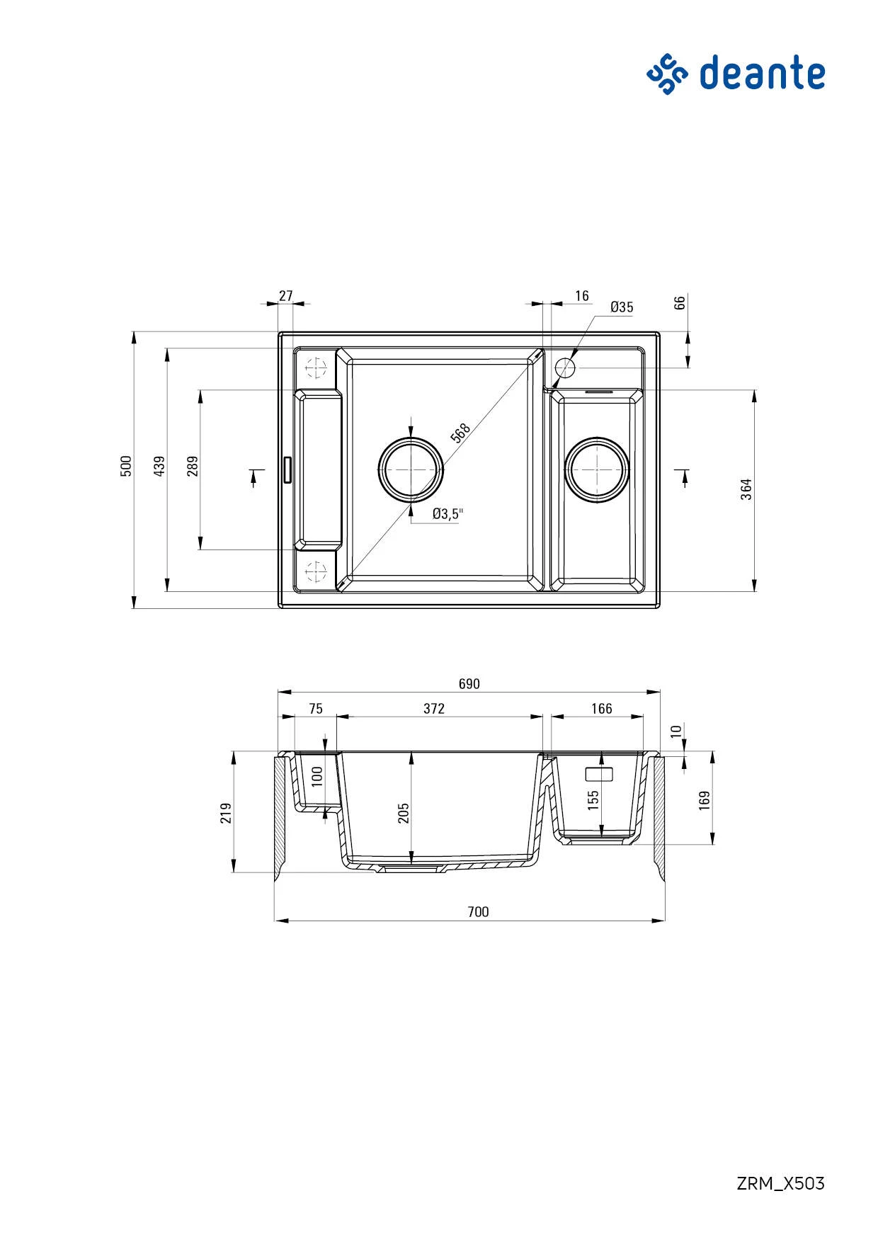 Мийка кухонна Deante Magnetic, граніт, прямокутник, без крила, 690х500х219мм, чаша - 1.5, накладна, - 2