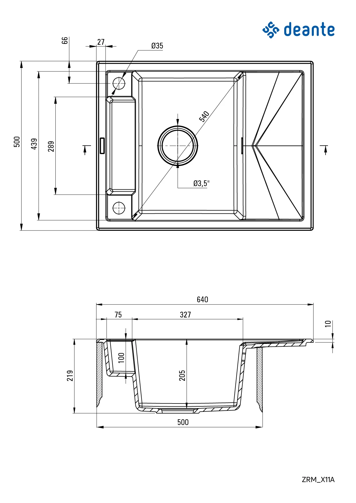 Мийка кухонна Deante Magnetic, граніт, прямокут., з крилом, 640х500х219мм, чаша - 1, врізна, металіч - 2