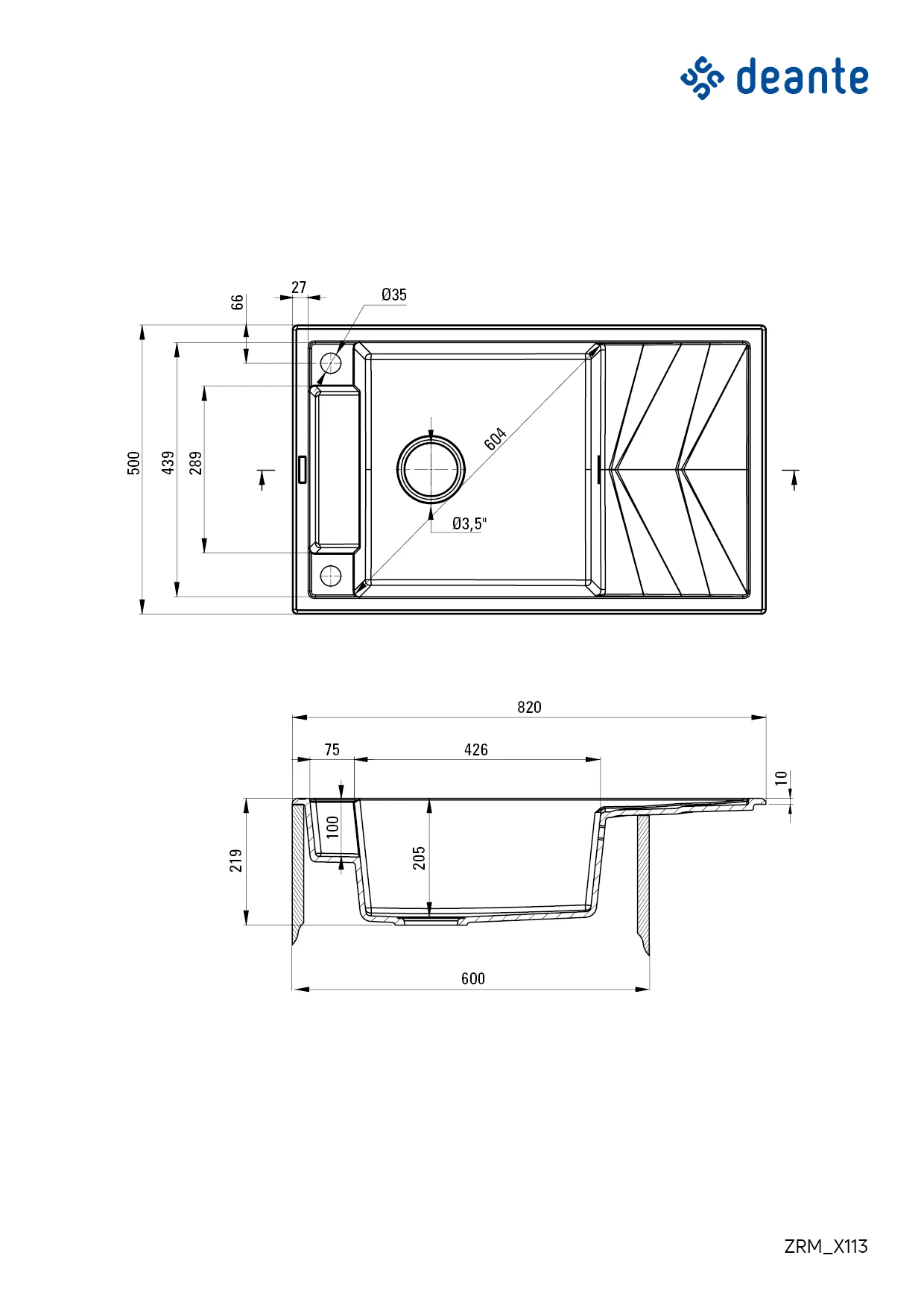 Мийка кухонна Deante Magnetic, граніт, прямокут., з крилом, 820х500х219мм, чаша - 1, накладна, сірий - 2