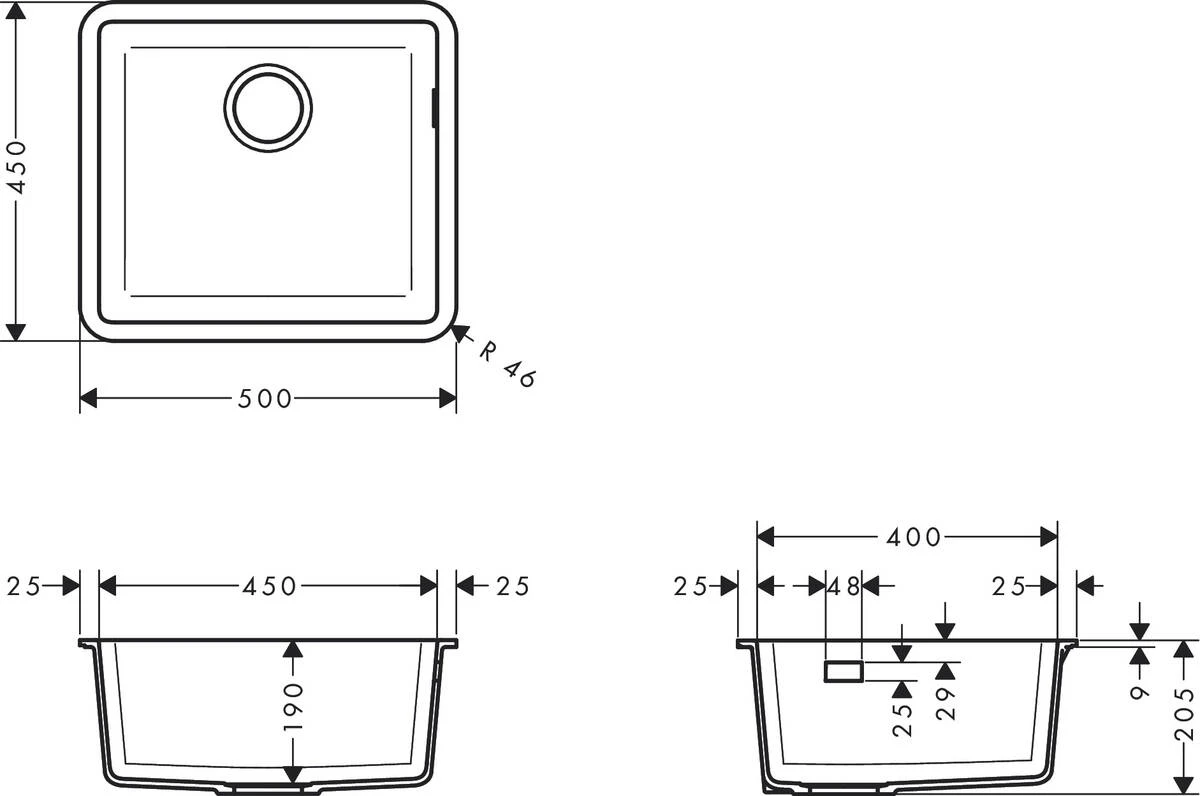 Мийка кухонна Hansgrohe S51, граніт, квадрат, без крила, 500х450х190мм, чаша - 1, врізна, S510-U450, - 2