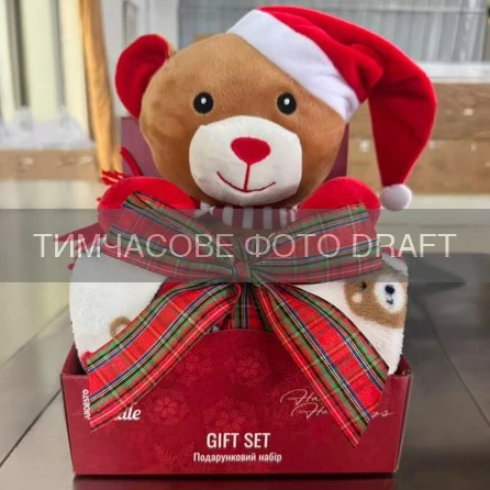 Набір ARDESTO Christmas Bear 2 предмети: плед 90х75см, декор. іграшка 24см, 100% поліестер, коричнев