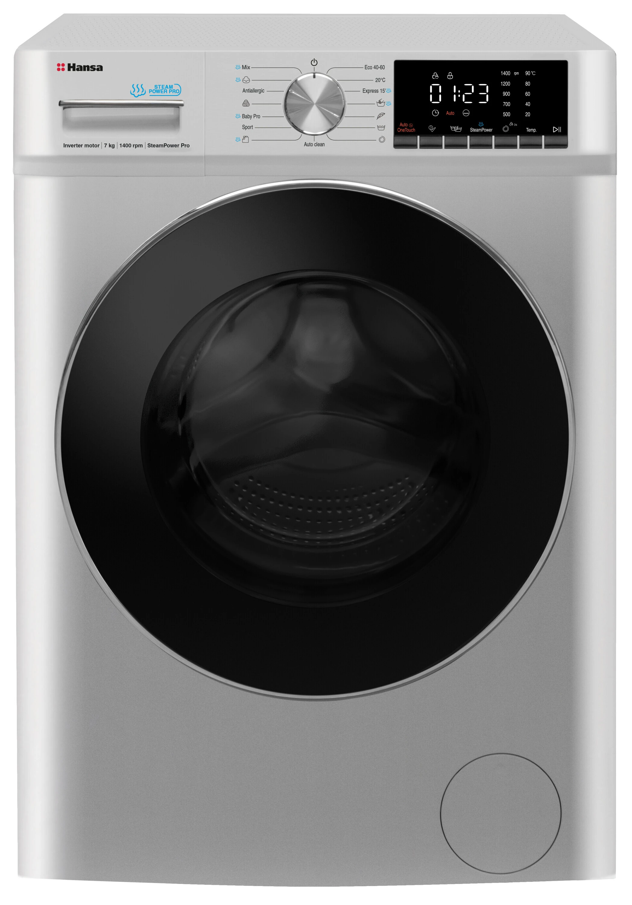 Пральна машина Hansa фронтальна, 7кг, 1400, A+++, 46см, пара, дисплей, сірий