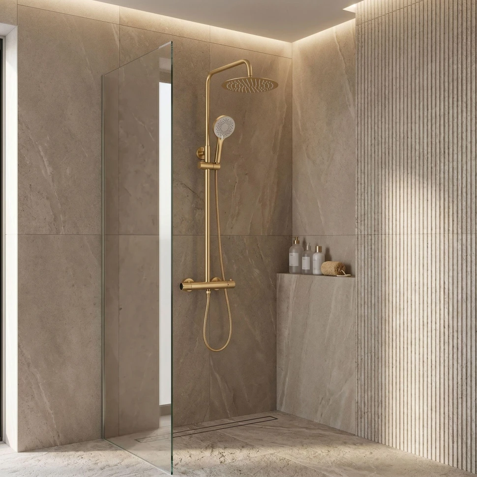 душова система з виливом Rea Drop з термостатом brushed gold (REA-P9662)