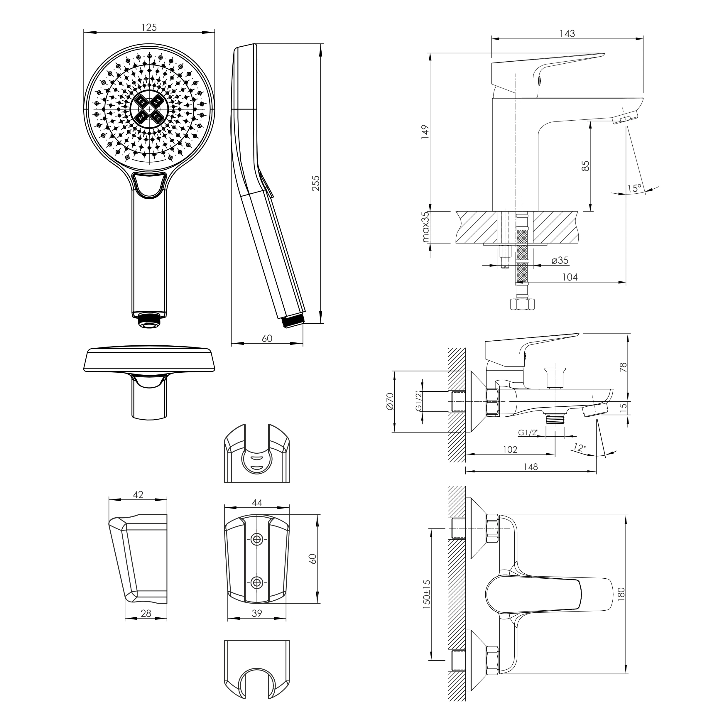 KIT 20082 набір змішувачів (3 в 1), змішувач для умивальника, змішувач для ванни, душовий гарнітур і - 2