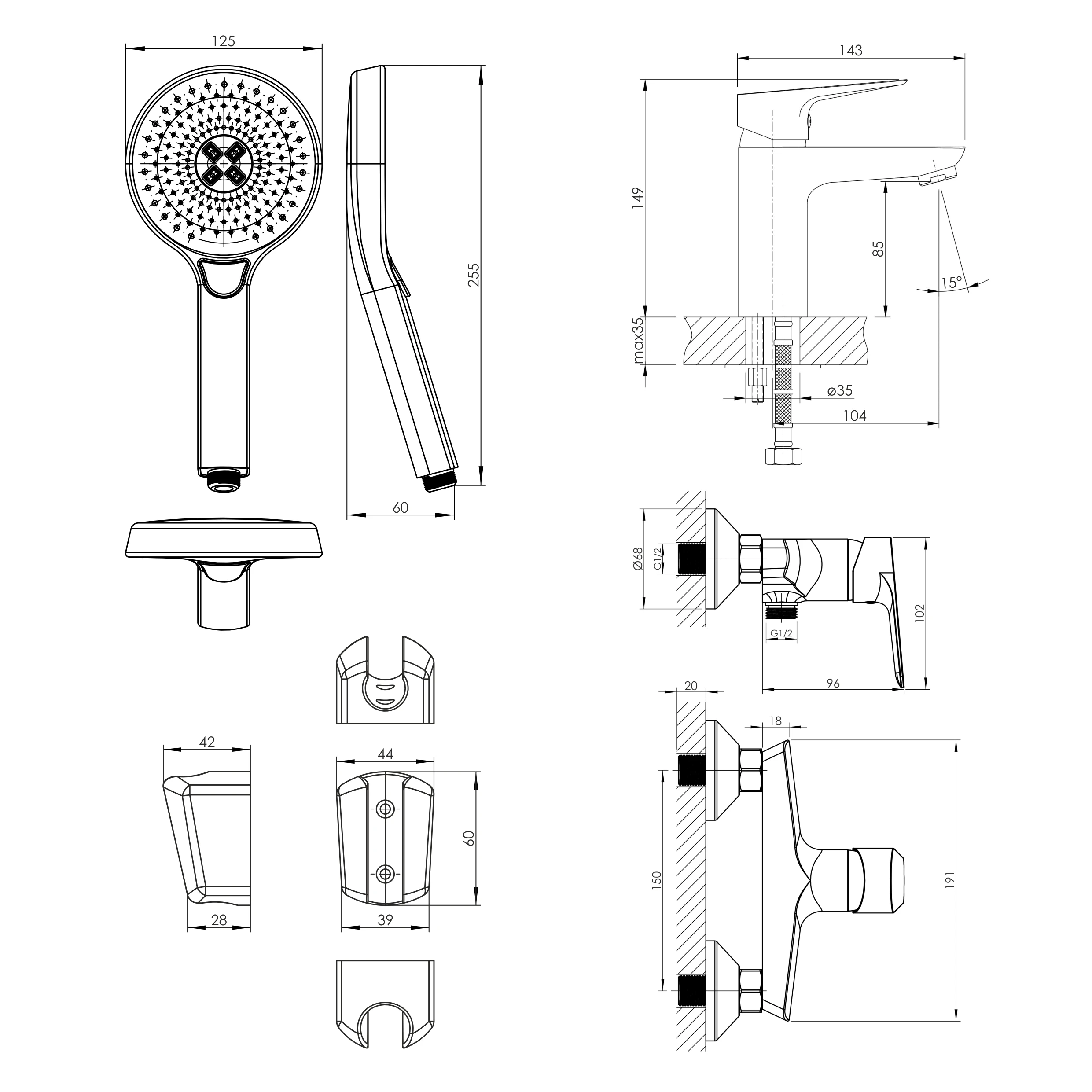 KIT 20081 набор смесителей (3 в 1), смеситель для умывальника, смеситель для душа, душевой гарнитур - 2