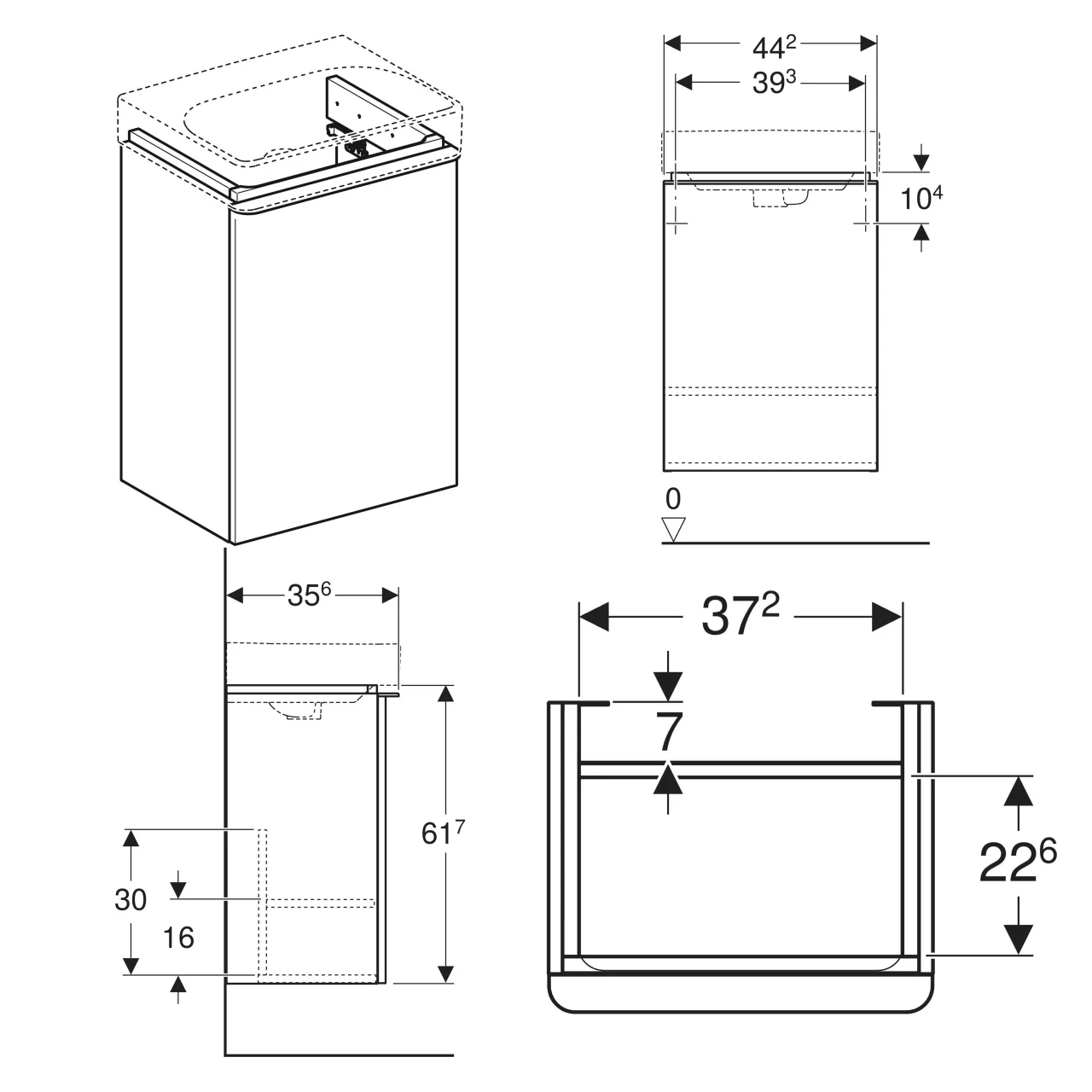 GEBERIT SMYLE SQUARE шафка для умивальника 45см , з одними дверима 44.2x61.7x35.6см, дверцята петлі - 2