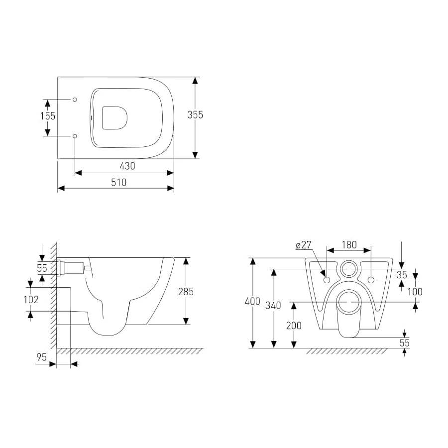 VOLLE SOLO Rimless унітаз підвісний, сидіння тверде Slim slow-closing 51*35,5*33 см - 2