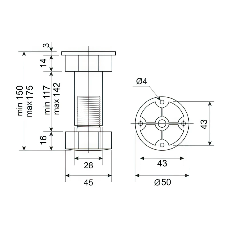 Ніжка меблева регульована пластикова DC Н-150мм Чорний - 2