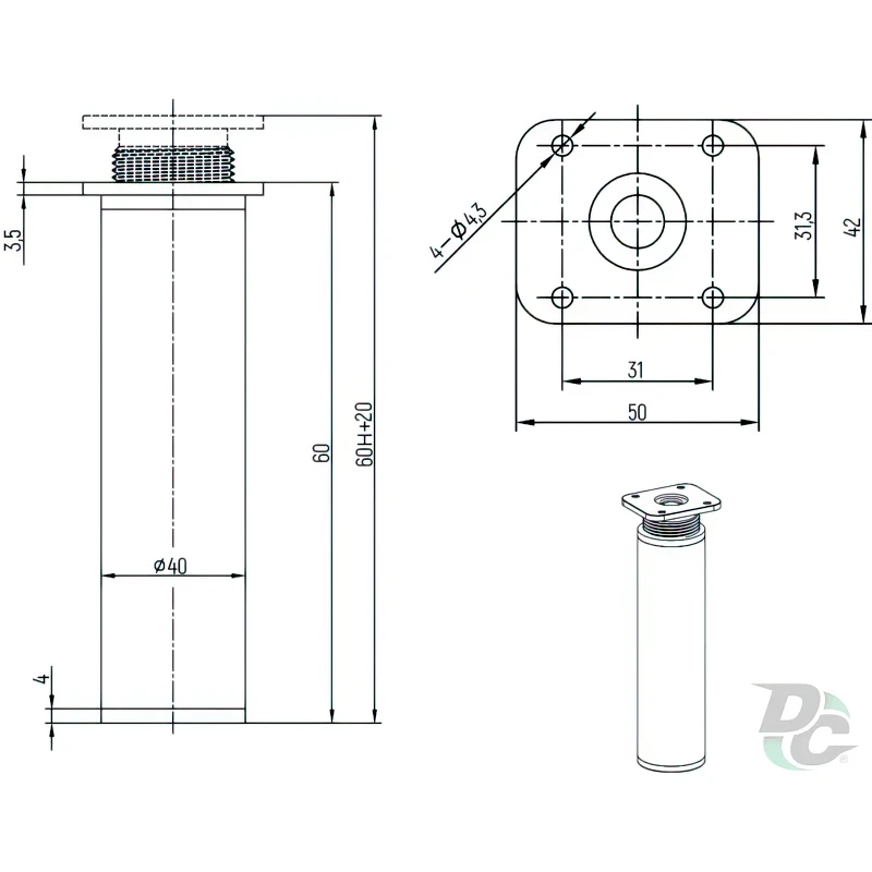 Ніжка меблева регульована DC RFA 052 Н-60мм Алюміній - 2
