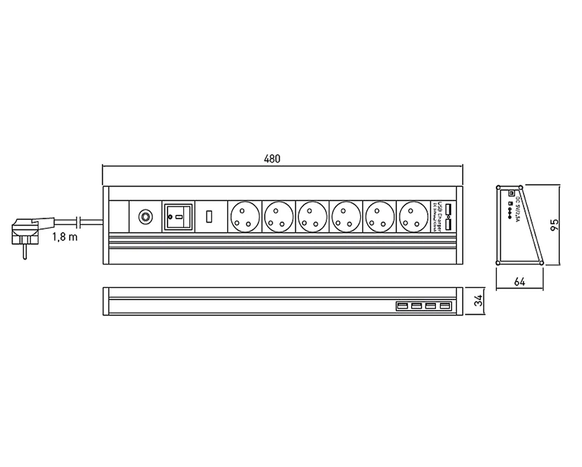 Удлинитель для офиса GTV AE-PBMUL6S6U-53 Schuko 6 розеток+2USB Алюминий - 2