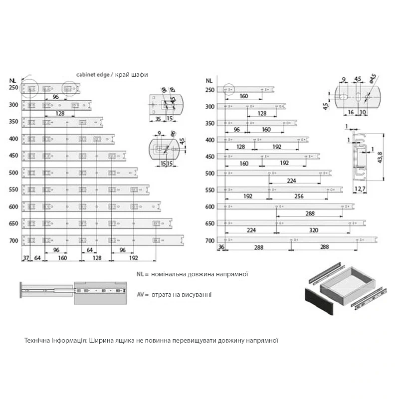 Направляющие GTV шариковые 45 мм L-400 мм PK-0H45400GX эконом Цинк - 2