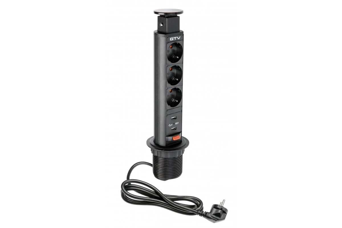 Подовжувач вертикальний GTV AE-BPW3S60U-20 Schuko 3 розетки+2xUSB Чорний