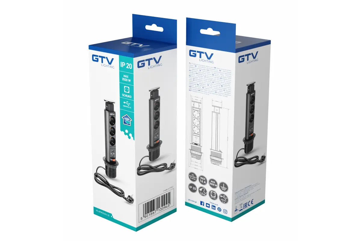 Подовжувач вертикальний GTV AE-BPW3S60U-20 Schuko 3 розетки+2xUSB Чорний