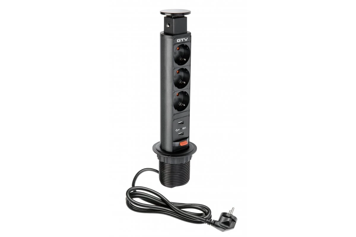 Удлинитель вертикальный GTV AE-BPW3S60U-20 Schuko 3 розетки+2xUSB Черный