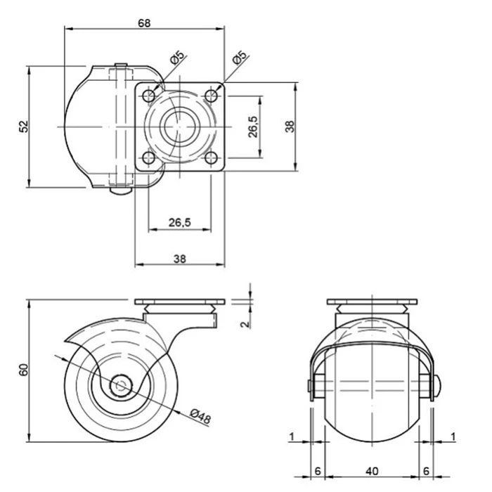 Ролик мебельный резиновый с планкой Giff D-50мм Серый