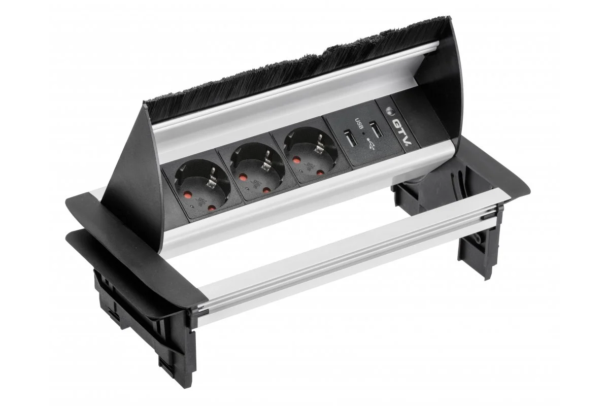 Удлинитель с пропуском под кабель GTV AE-PBC3GS2U-53BKS 3 розетки+2xUSB Алюминий