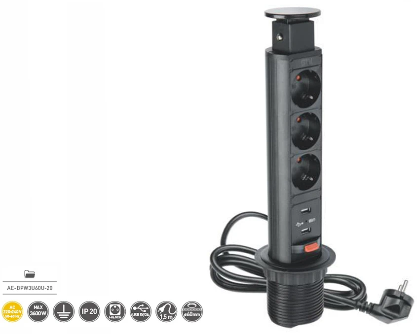 Подовжувач вертикальний GTV AE-BPW3U60U-20 French 3 розетки+2xUSB Чорний