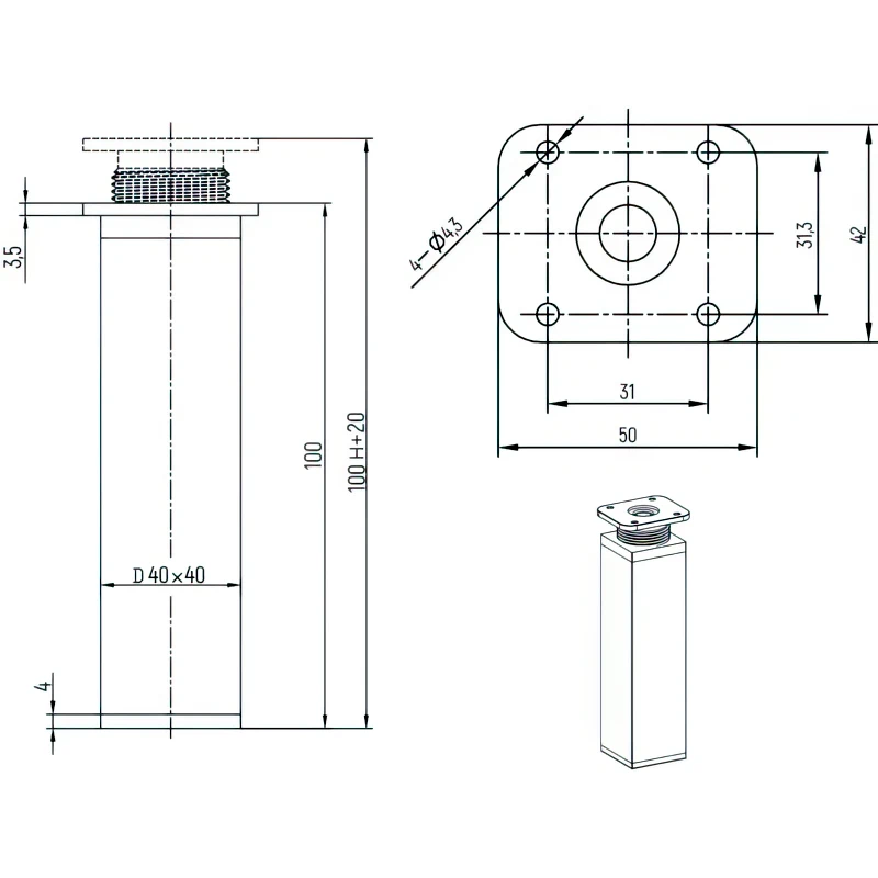Ніжка меблева DC DA 02 Н-100мм Алюміній - 2