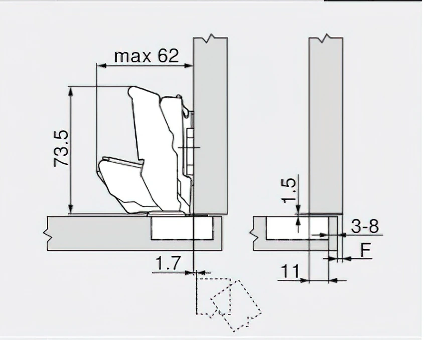 Завіса Blum накладна CLIP top BLUMOTION 125° для профільних дверей з 0 входженням дверей Нікель - 3