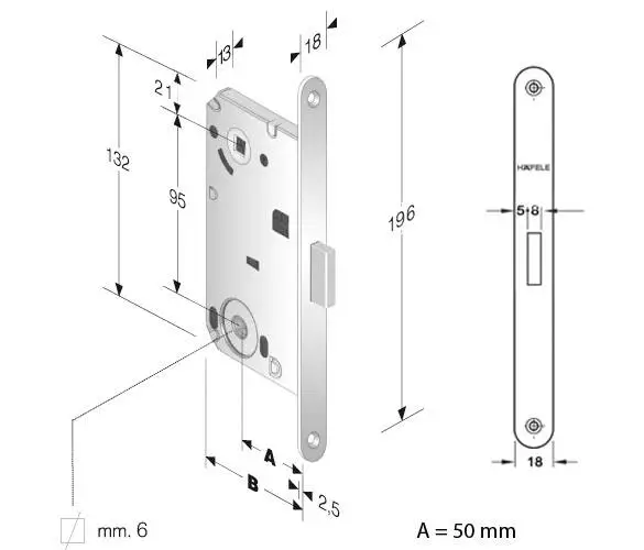 Замок Hafele магнитный WC 18х196мм 8/6мм 911.22.742 Хром матовый - 2