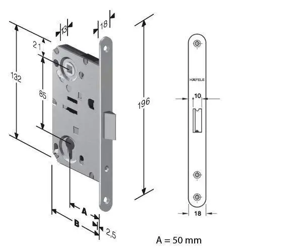 Замок Hafele PC врізний механічний 18x196мм 911.23.573 Чорний матовий - 2