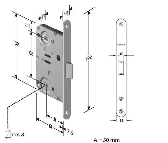 Замок Hafele WC врезной 18х196мм 8/8мм 911.23.632 Хром матовый - 2