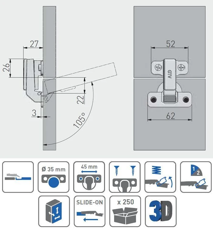 Завіса GTV ZP-KTK90H6ZE кутова 90⁰ під фальшпанель Нікель - 2