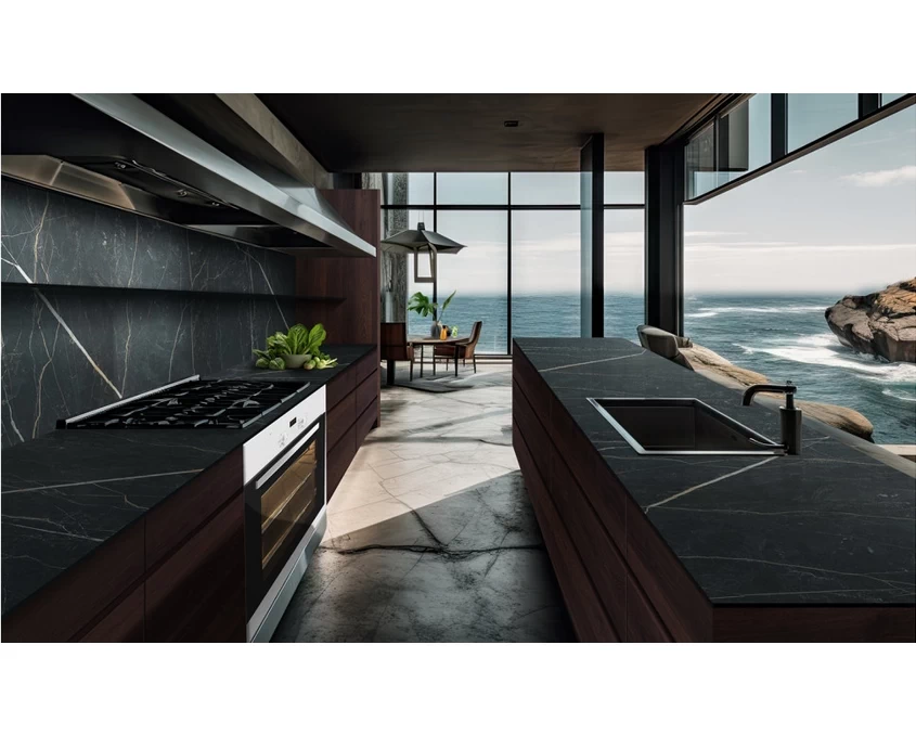 Плита LuxeForm Compact HPL 4200x1400x12мм L155 Мрамор Ричмонд / черное ядро - 2