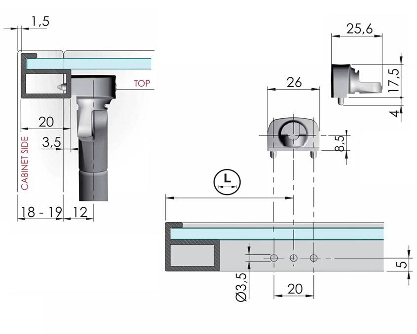 Крепление газового лифта K12 Italiana Ferramenta к фасаду из алюминиевого профиля под прикручивание - 2